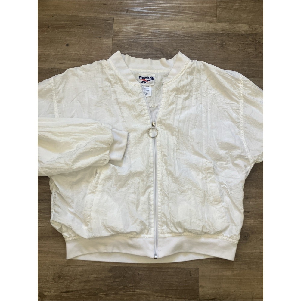 Vintage 90s Reebok Womens Large Distressed Windbreaker Jacket White Crop